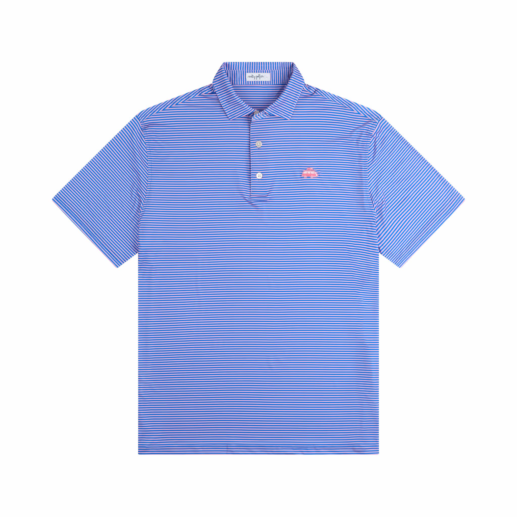 Blue and white horizontally striped short-sleeve polo shirt with a collar, two white buttons, and a small red embroidered logo on the left chest.