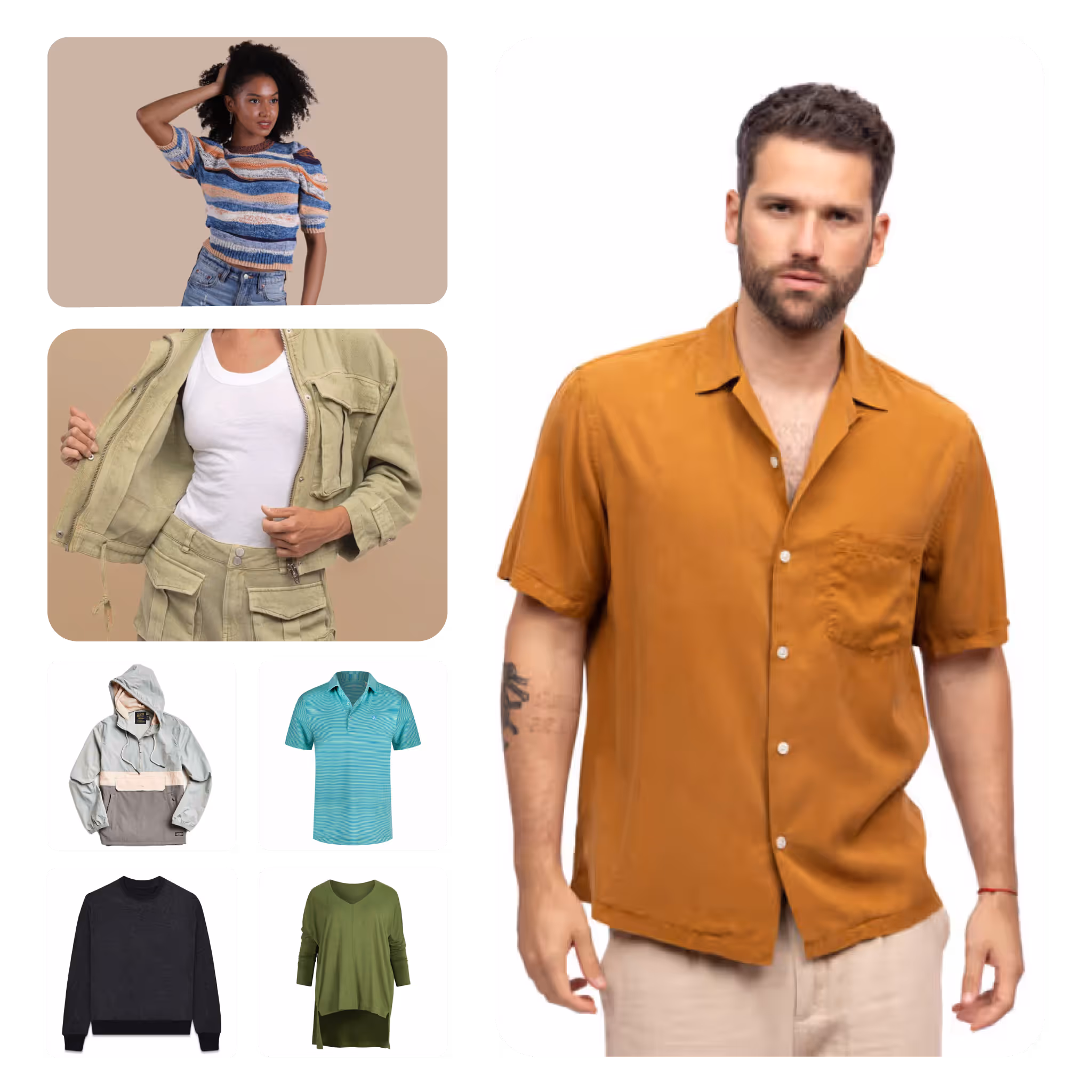 Collage showing a woman in a striped short-sleeve top, a close-up of a person opening a light green jacket over a white tank, images of a gray and beige hoodie, teal polo shirt, black sweater, olive green long sleeve top, and a man wearing a mustard short-sleeve button-up shirt.