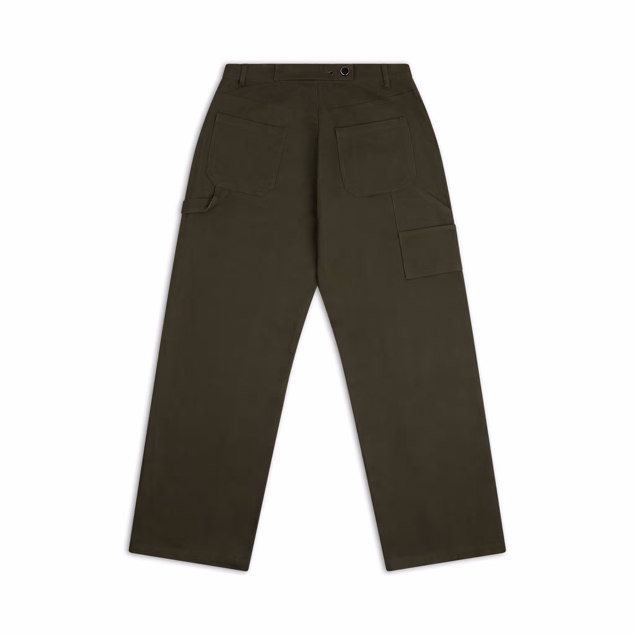 Back view of dark olive green cargo pants with two large back pockets and a side cargo pocket, featuring a straight leg cut.
