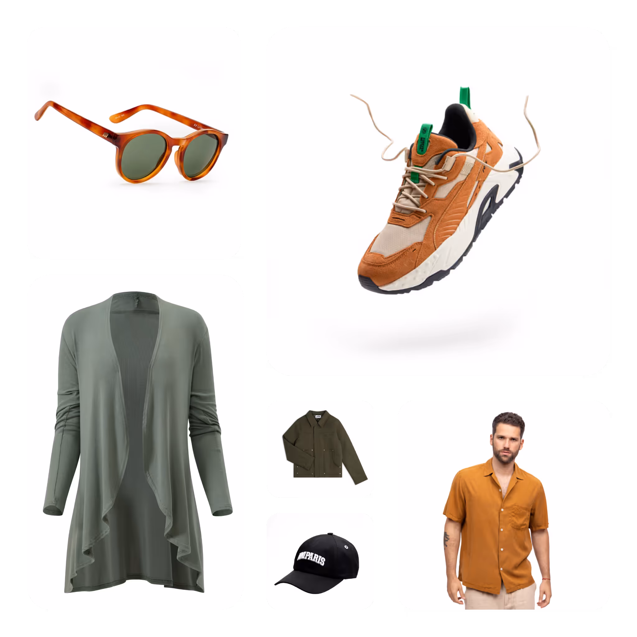 Collection of six clothing items including olive green hooded sweatshirt, olive green open-front cardigan, dark gray suit, turquoise patterned polo shirt, light blue graphic t-shirt, and olive green V-neck oversized sweater.