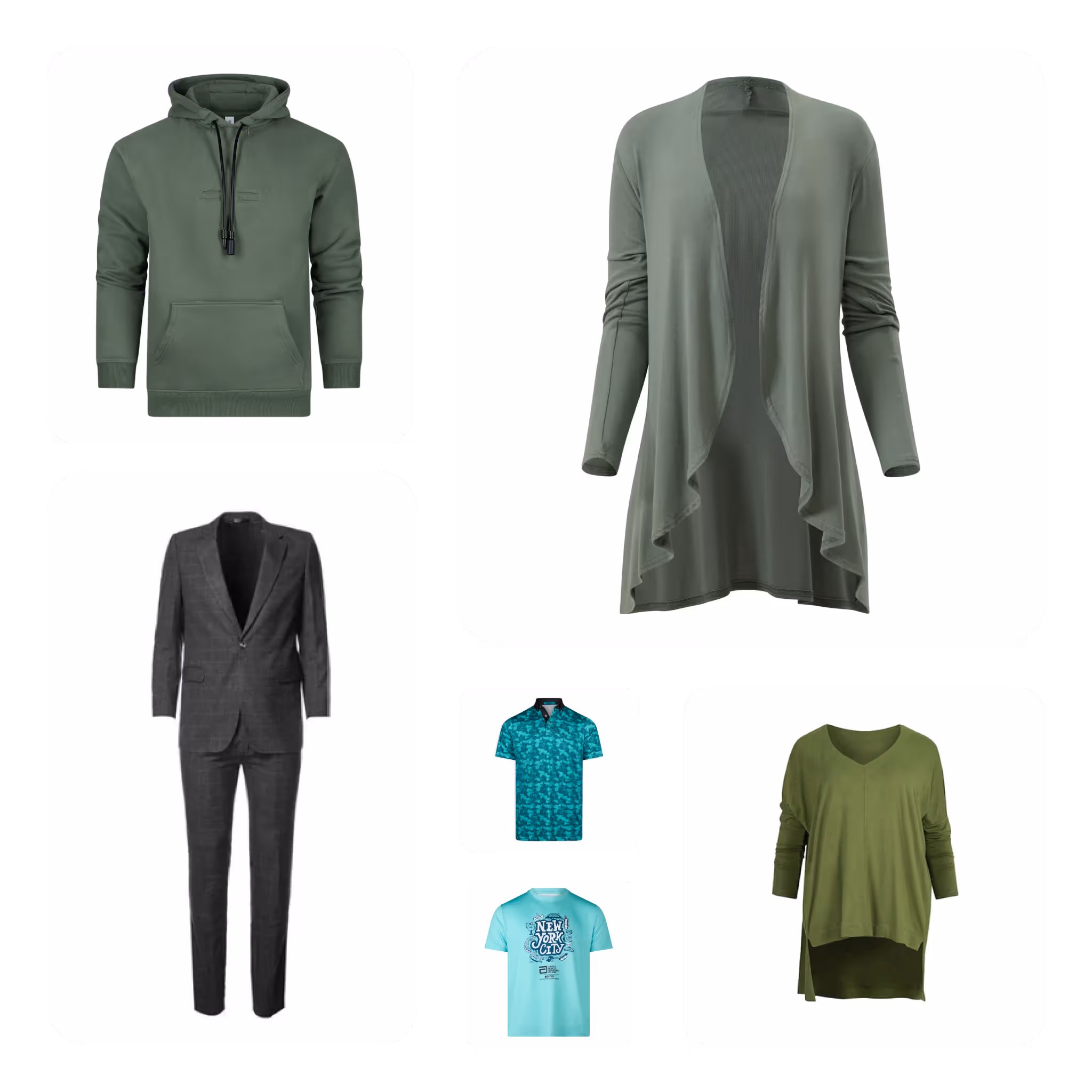 Collection of six clothing items including olive green hooded sweatshirt, olive green open-front cardigan, dark gray suit, turquoise patterned polo shirt, light blue graphic t-shirt, and olive green V-neck oversized sweater.