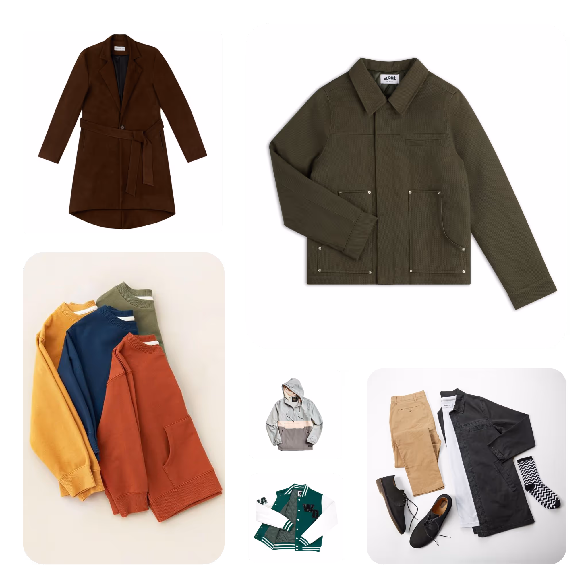 Collage showing a woman in a striped short-sleeve top, a close-up of a person opening a light green jacket over a white tank, images of a gray and beige hoodie, teal polo shirt, black sweater, olive green long sleeve top, and a man wearing a mustard short-sleeve button-up shirt.