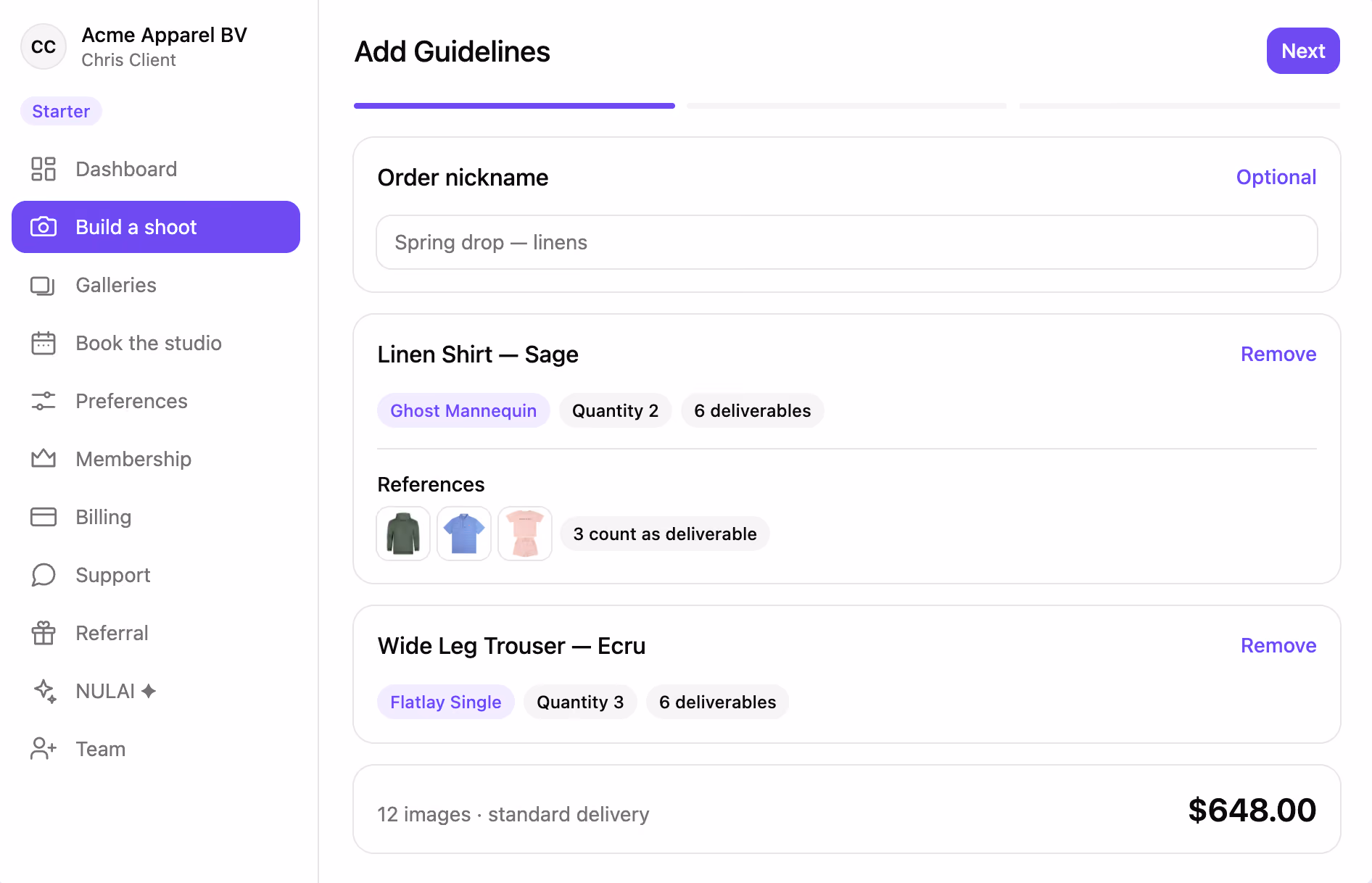 User interface screen from Acme Apparel BV's dashboard showing the 'Add Guidelines' section. The left sidebar menu includes options like Dashboard, Build a shoot (highlighted), Galleries, Book the studio, Preferences, Membership, Billing, Support, Referral, NULAI, and Team. The main area lists order details: an order nickname input with 'Spring drop — linens', and two product guidelines - Linen Shirt in Sage with tags 'Ghost Mannequin,' quantity 2, 6 deliverables, and references with three shirt icons counted as deliverables; Wide Leg Trouser in Ecru with tags 'Flatlay Single,' quantity 3, and 6 deliverables. At the bottom right, the total price is $648.00 and there is a purple 'Next' button at top right.
