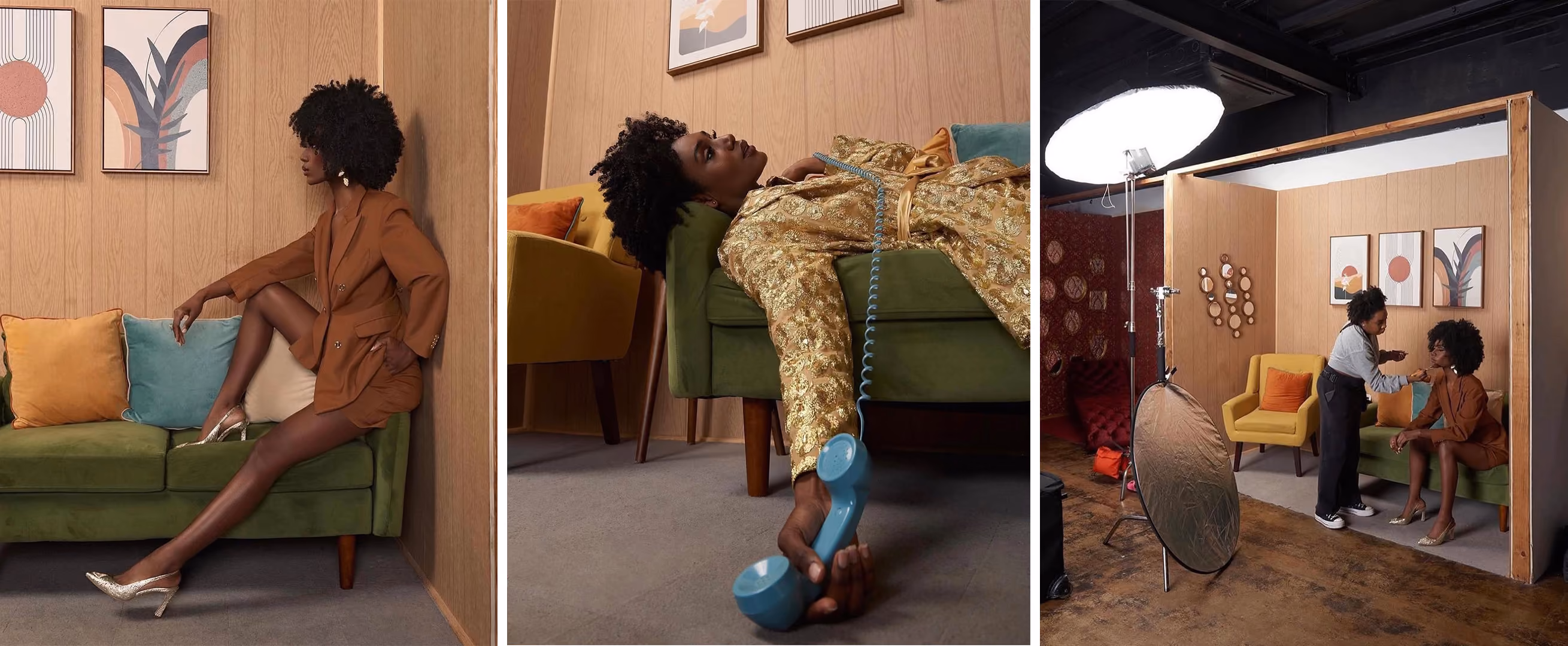 Triptych showing a woman with dark curly hair in a brown outfit and silver heels posing on a green couch against a wood-paneled wall with artwork. Left panel shows her sitting elegantly on the edge of the sofa. Middle panel shows her lying down holding a retro blue telephone receiver. Right panel reveals the photo shoot setup with a photographer and lighting equipment around the staged room.