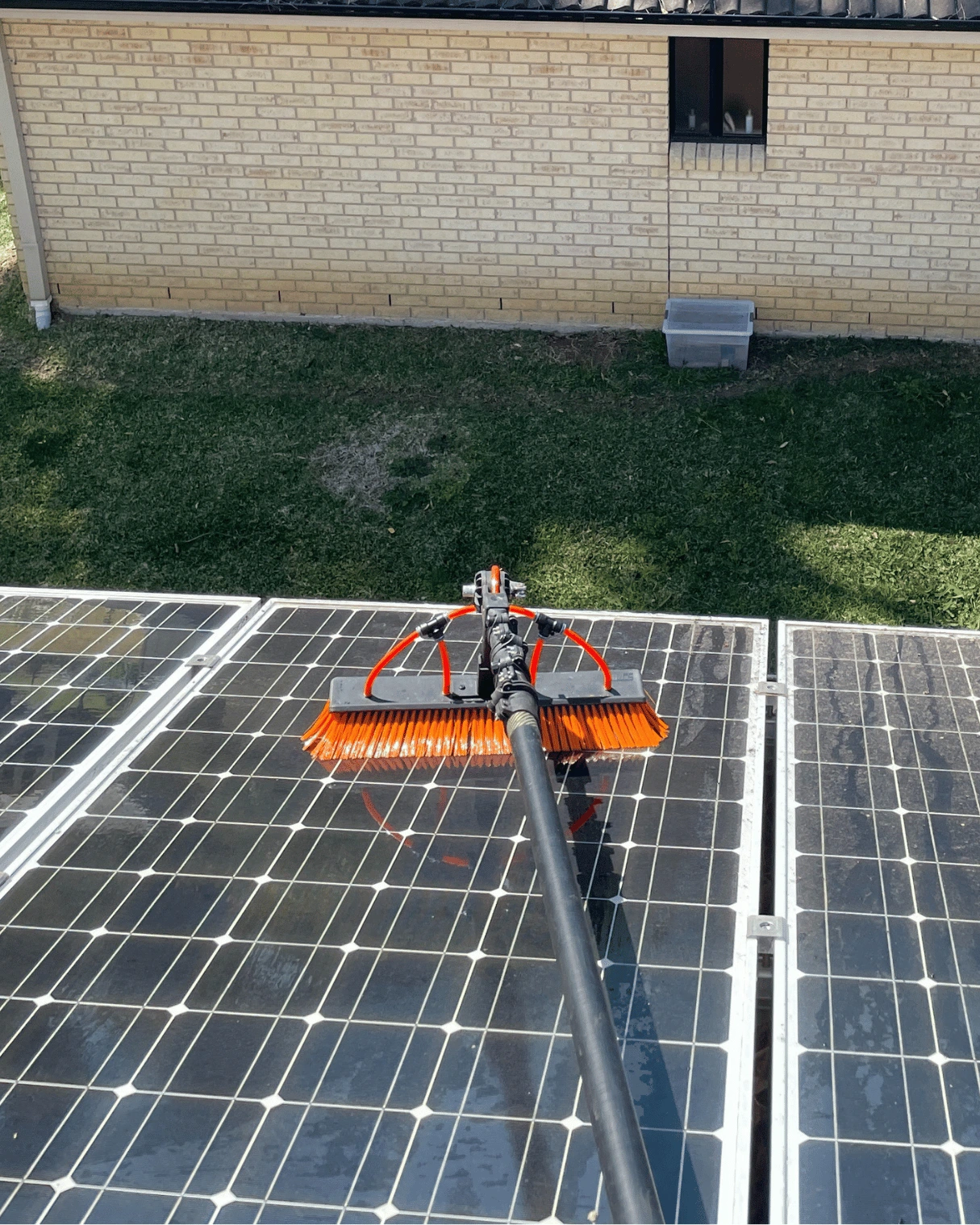 Brush cleaning ground-mounted solar panels