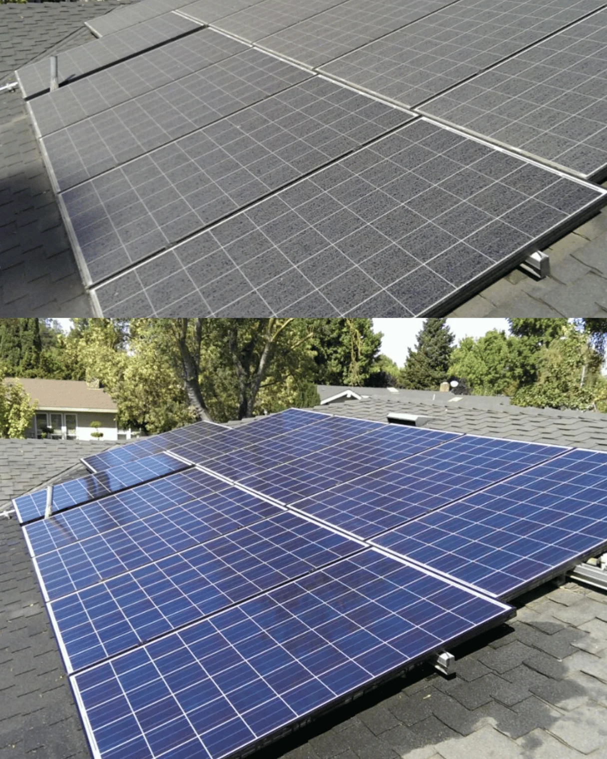 Dusty solar panels before and after cleaning