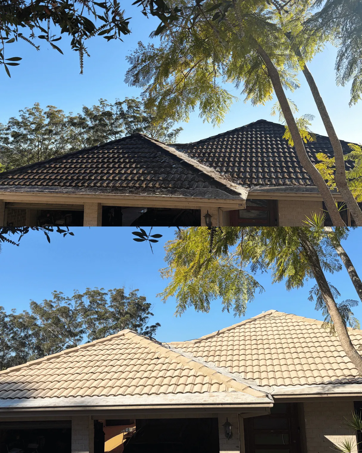 Concrete tile roof before and after cleaning
