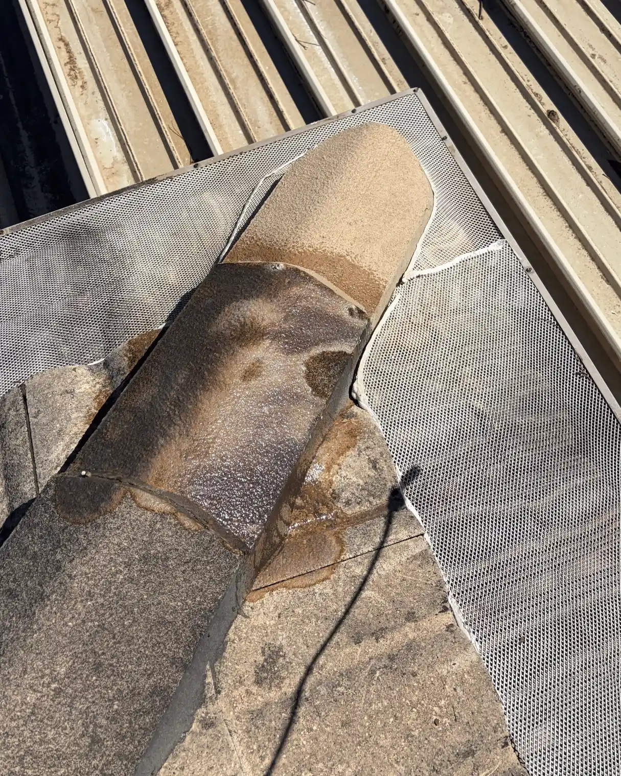Dirty ridge capping and gutter guard before cleaning