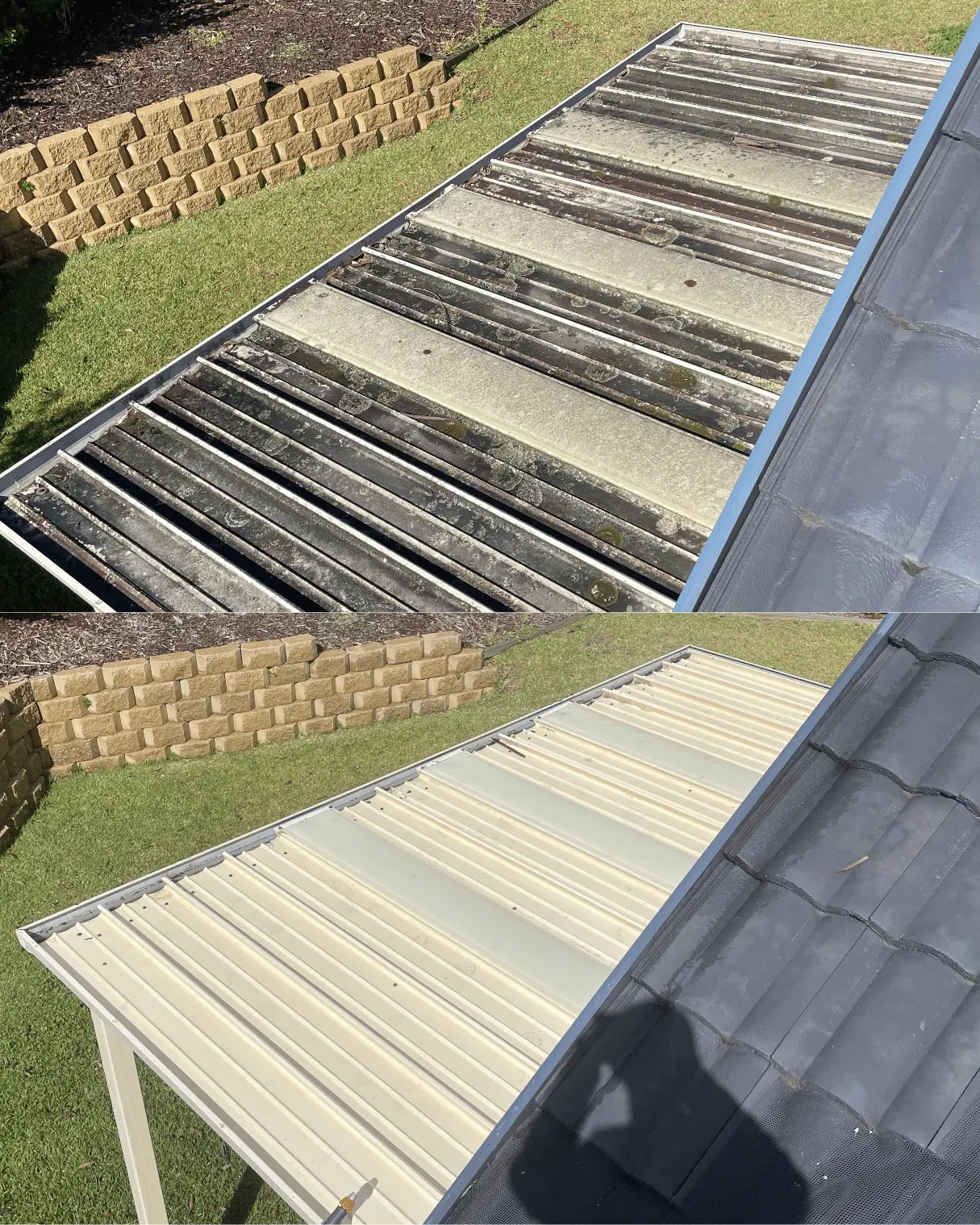 Colorbond patio roof before and after cleaning