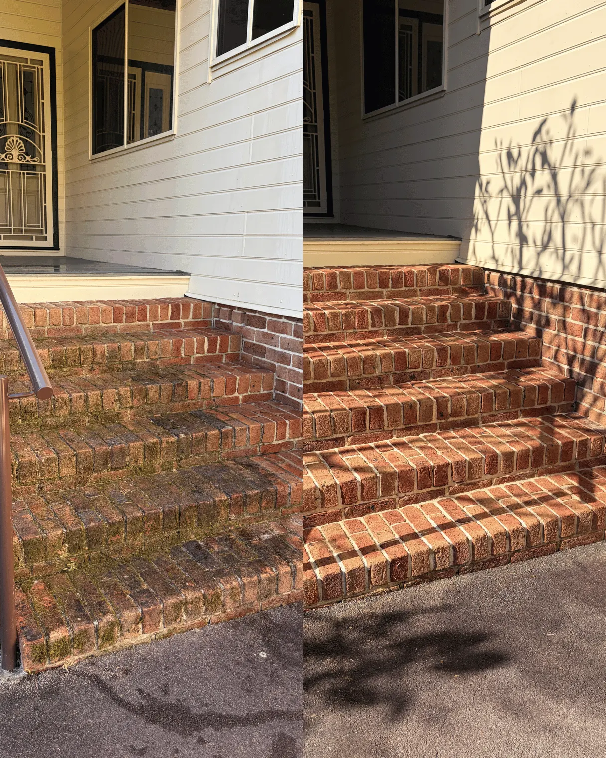 Brick front steps before and after pressure cleaning