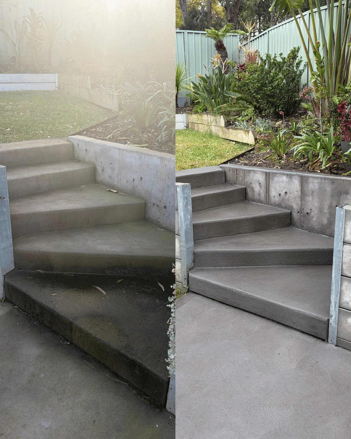 Concrete garden steps before and after pressure cleaning