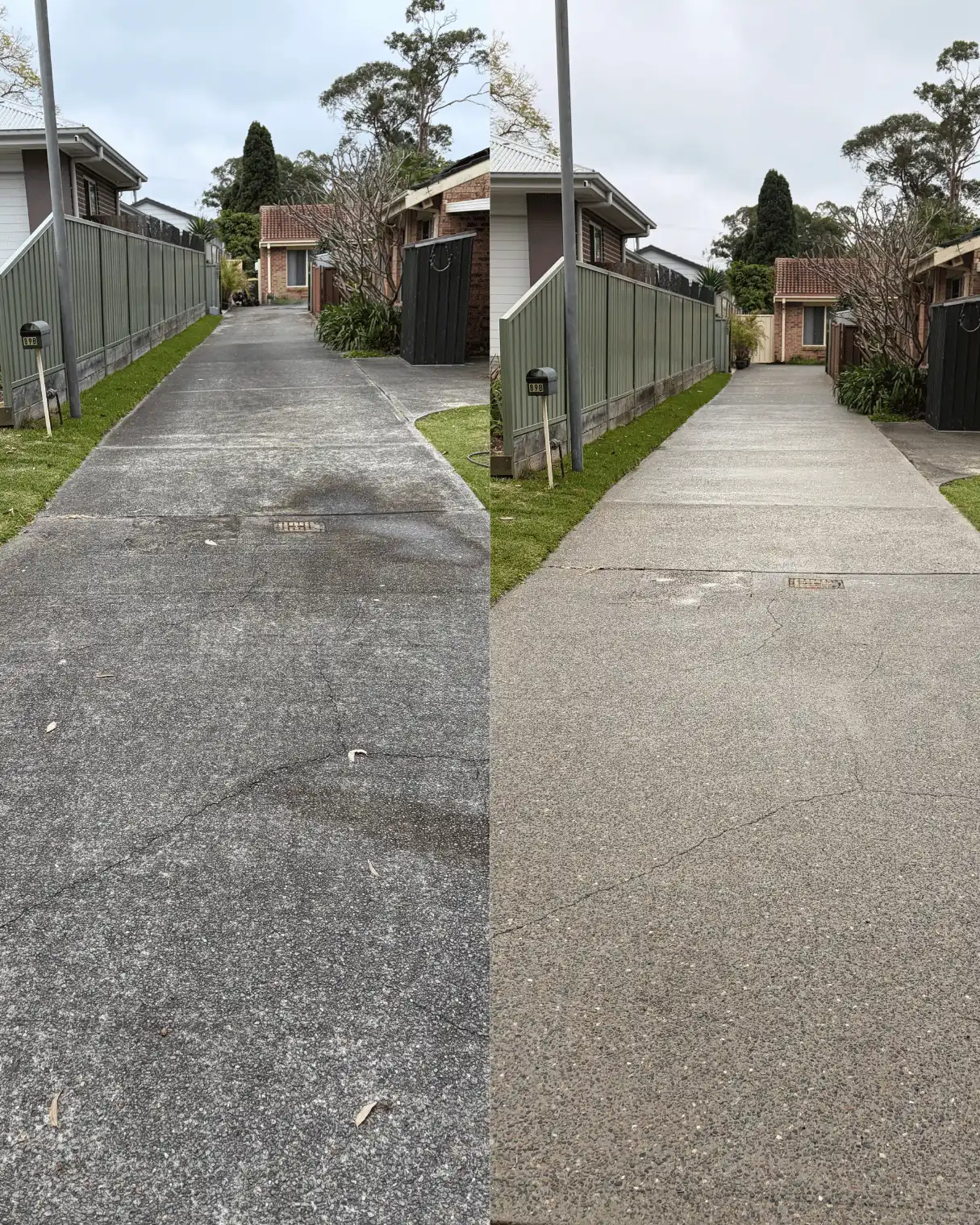 Concrete driveway before and after pressure cleaning