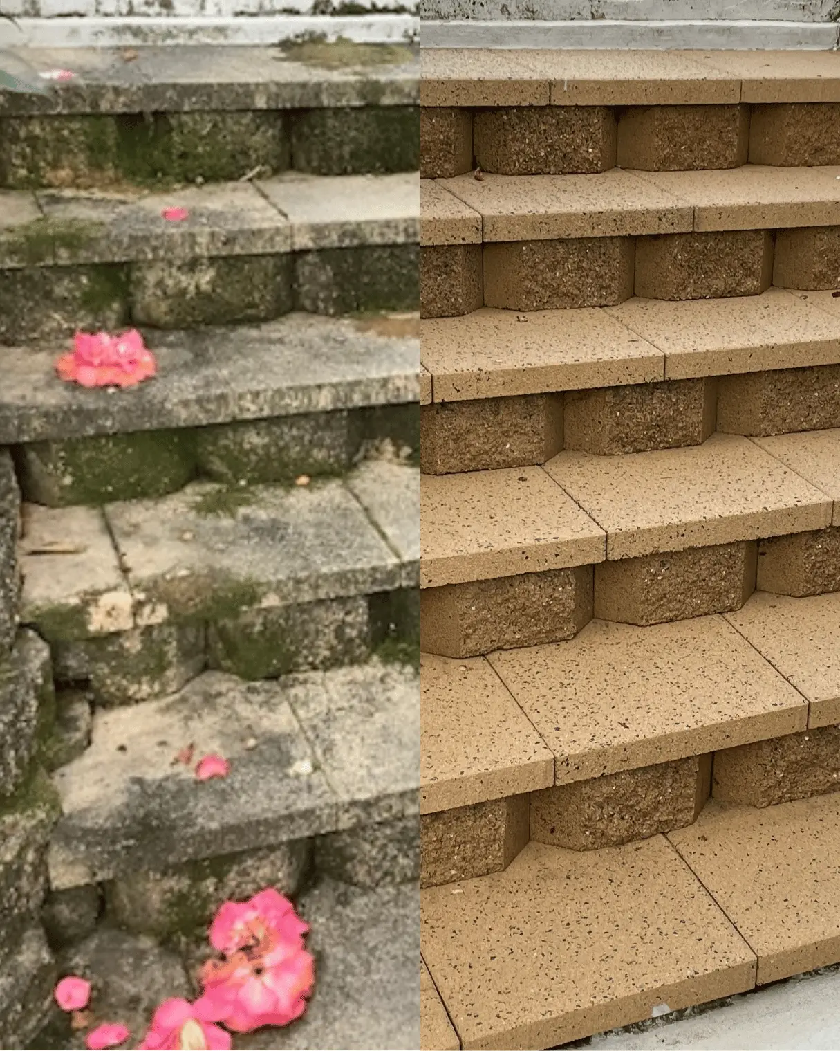 Mossy block steps before and after pressure cleaning