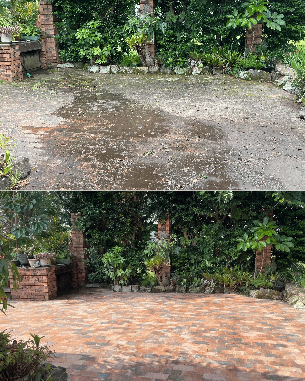 Brick paved courtyard before and after pressure cleaning