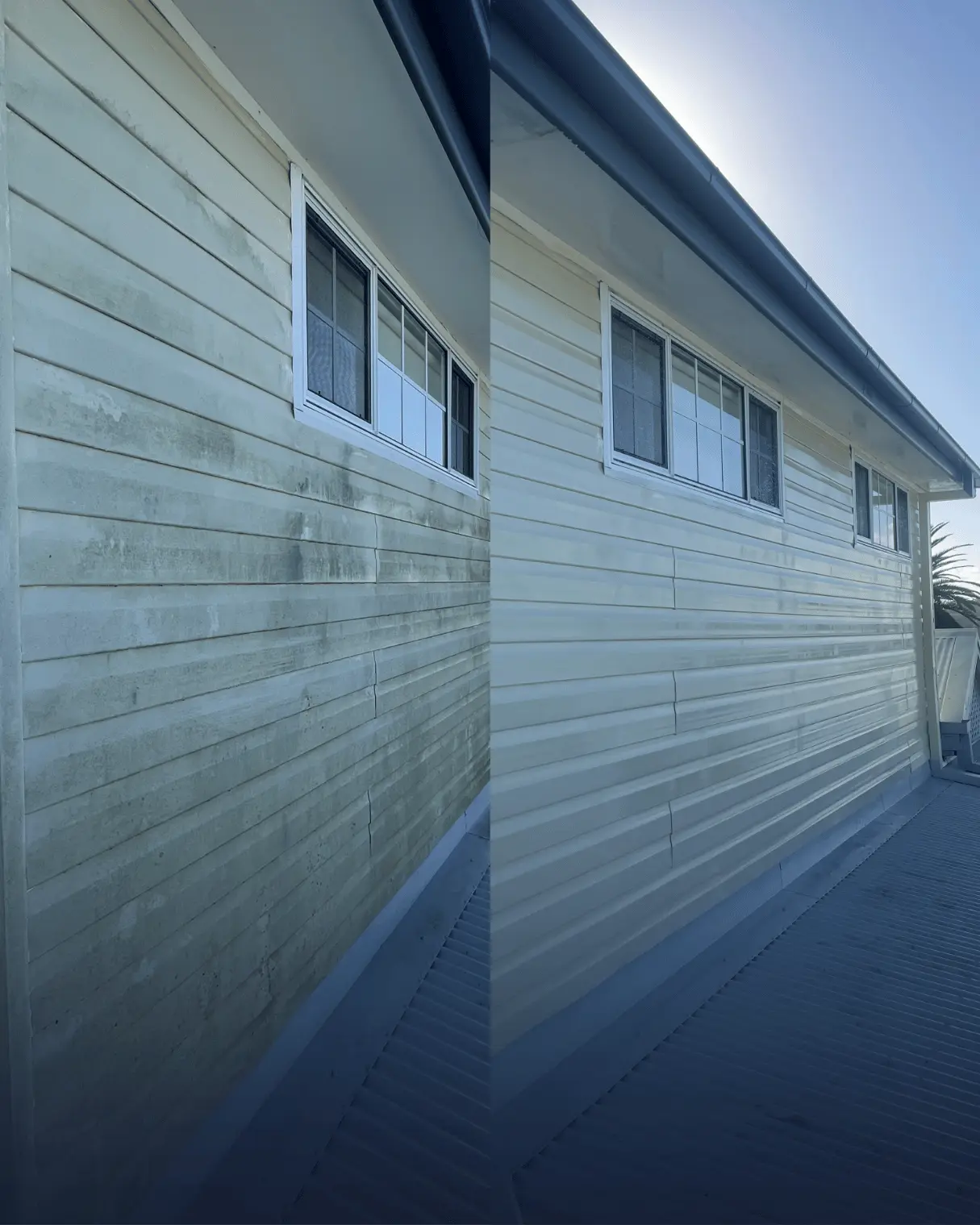 Weatherboard home before and after a house wash