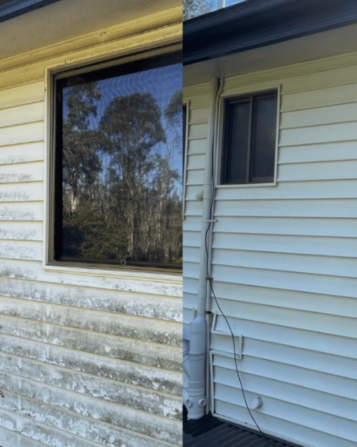 Cladding and window before and after a soft wash