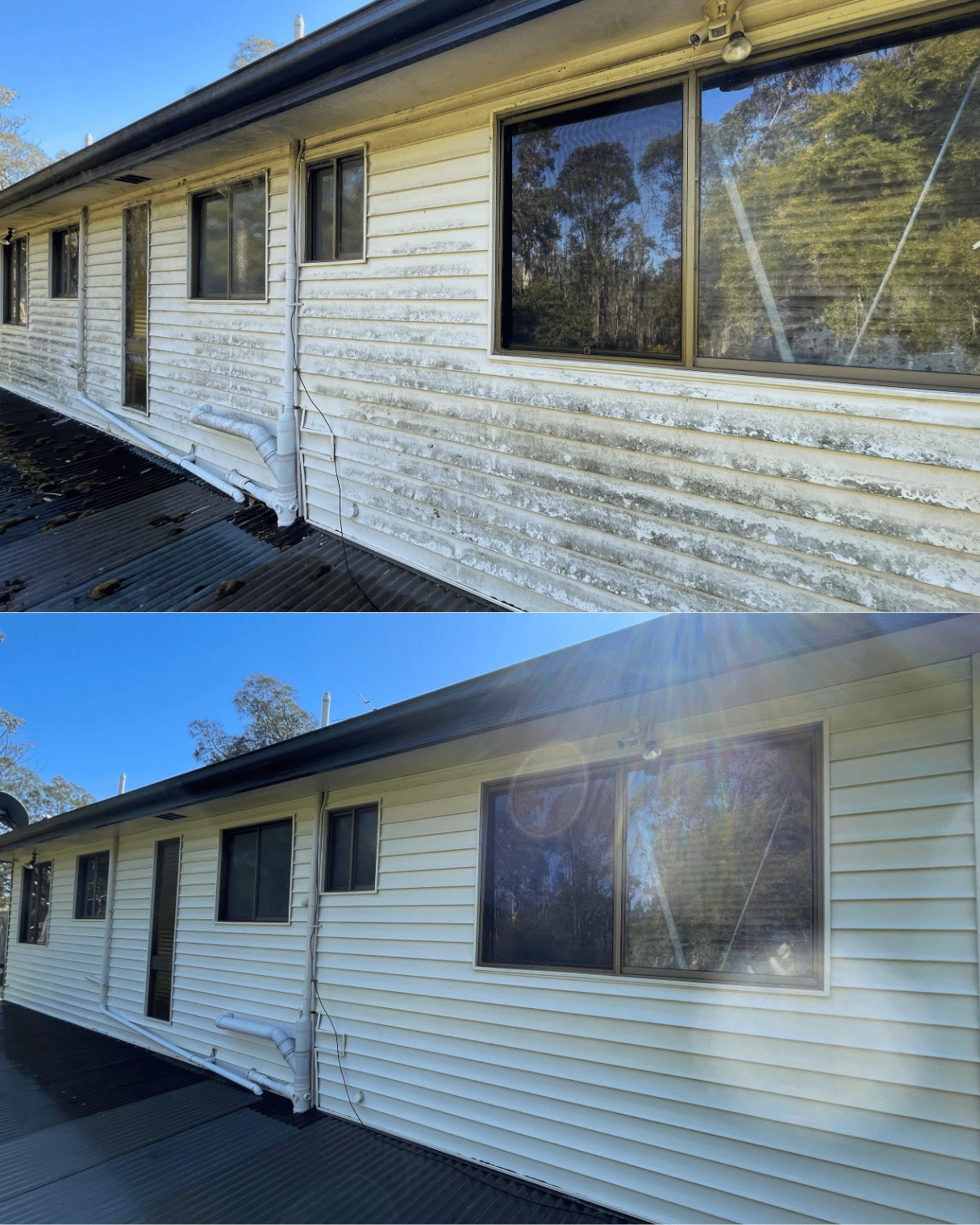 Vinyl cladding before and after a house wash