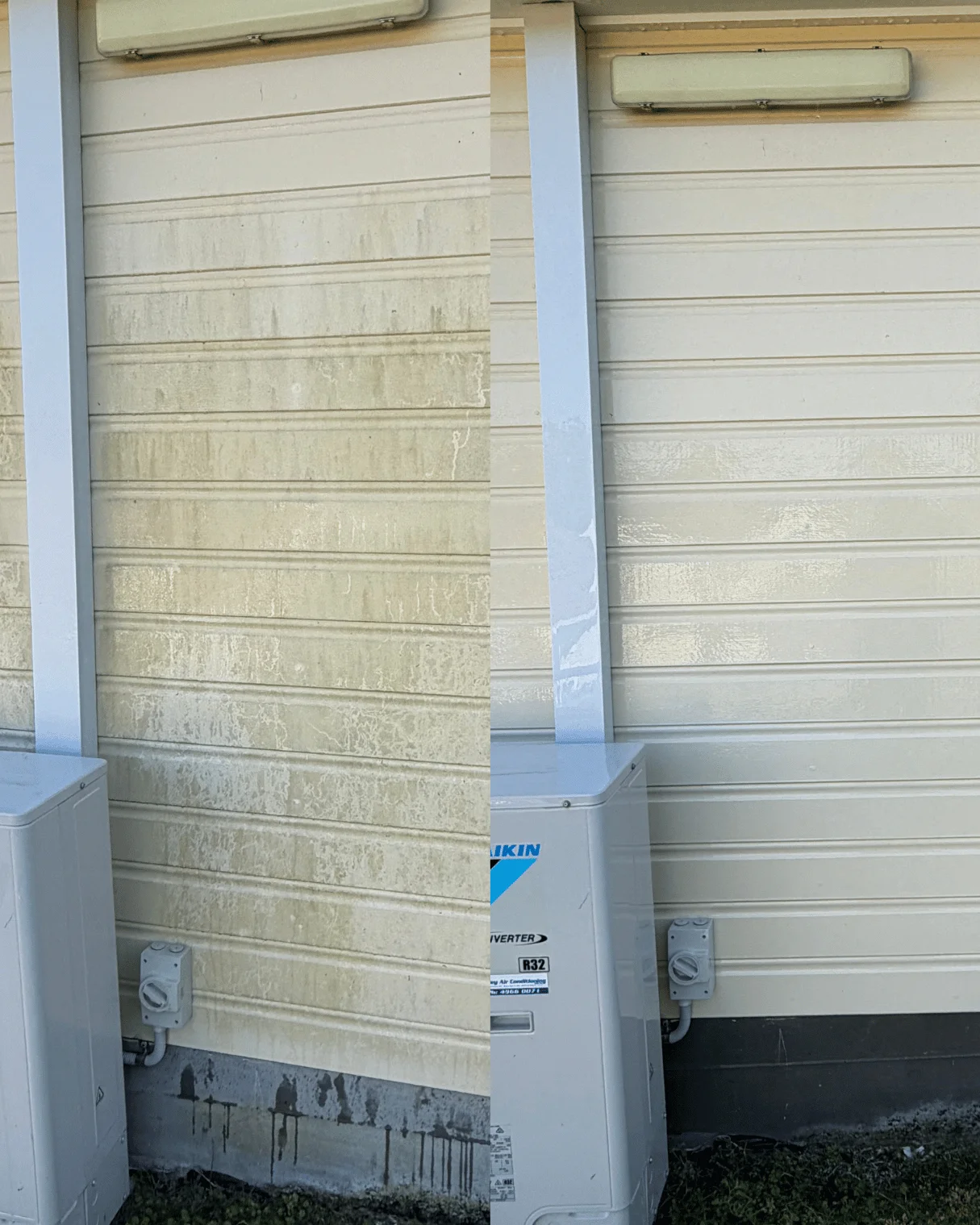Mouldy cladding before and after a soft wash