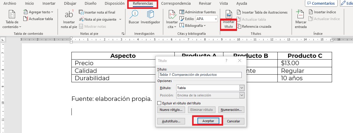 Paso 3 para crear un cuadro de doble entrada en Word