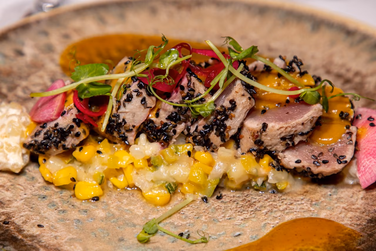 From the Sea, El Dorado's signature seafood dish on corn risotto