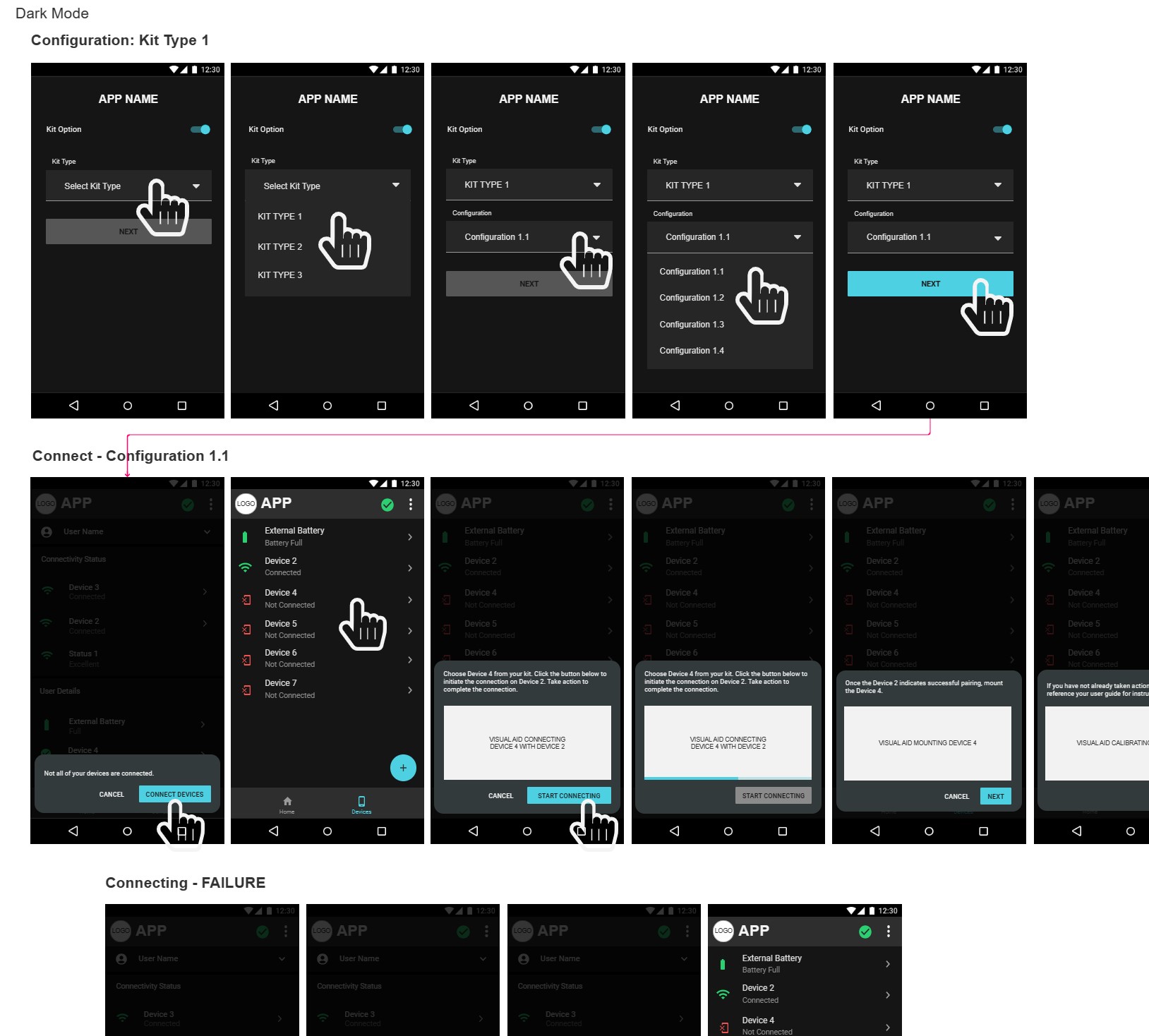 Dark-mode mobile screens for training device configuration
