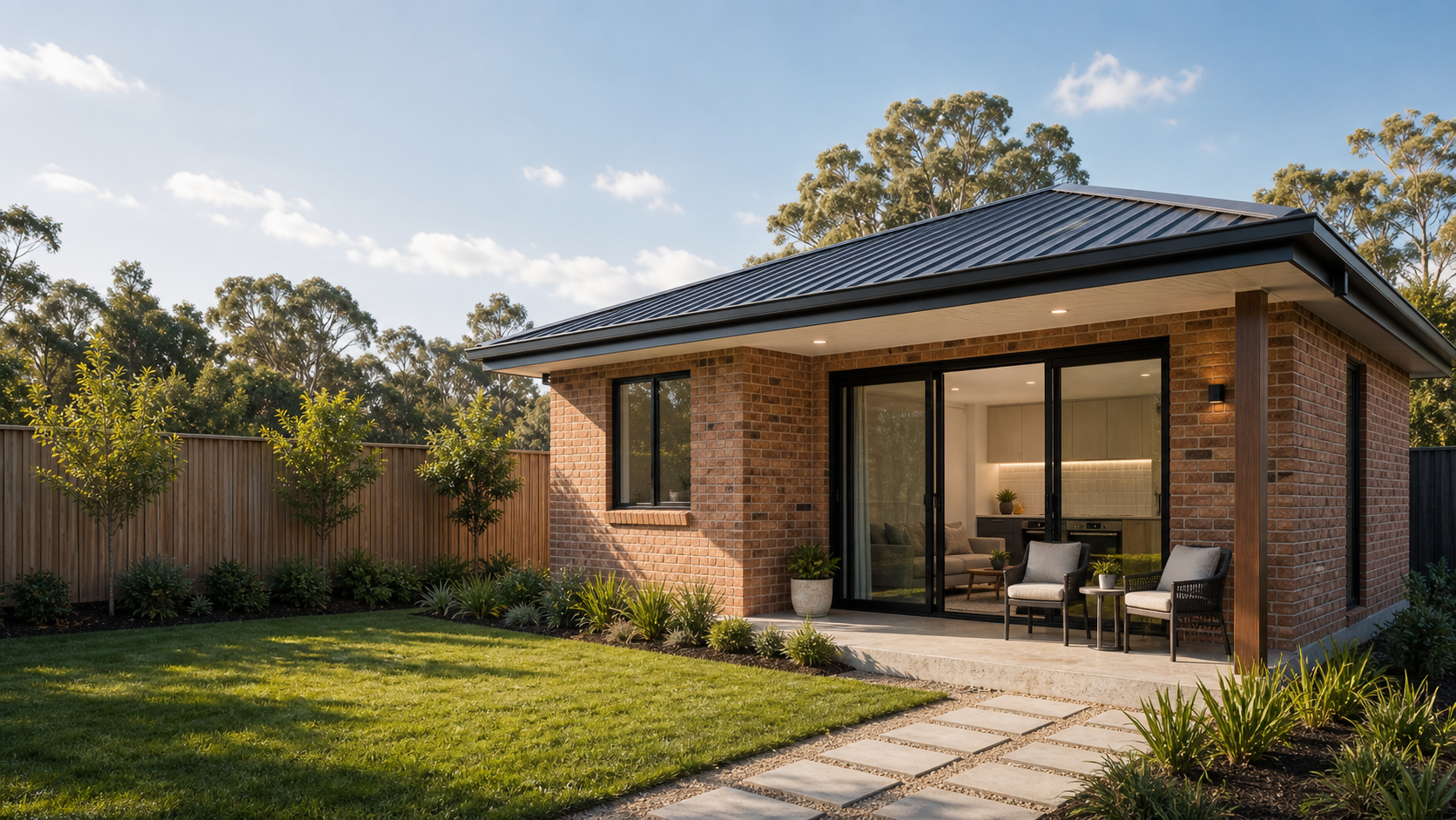Modern brick garden studio with sliding glass doors, outdoor chairs, and a landscaped lawn.