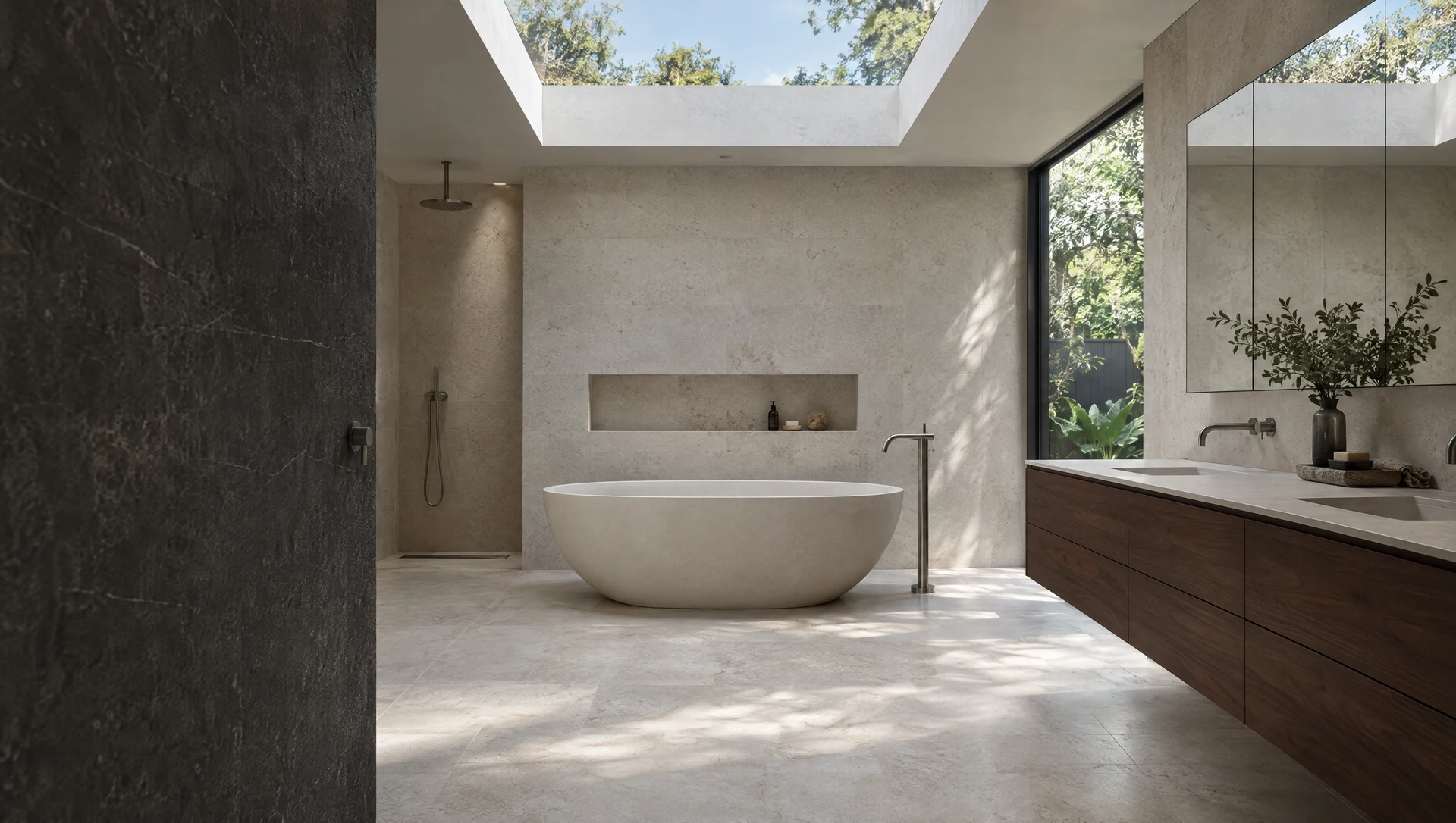 Bathroom with warm oak and pale limestone finishes