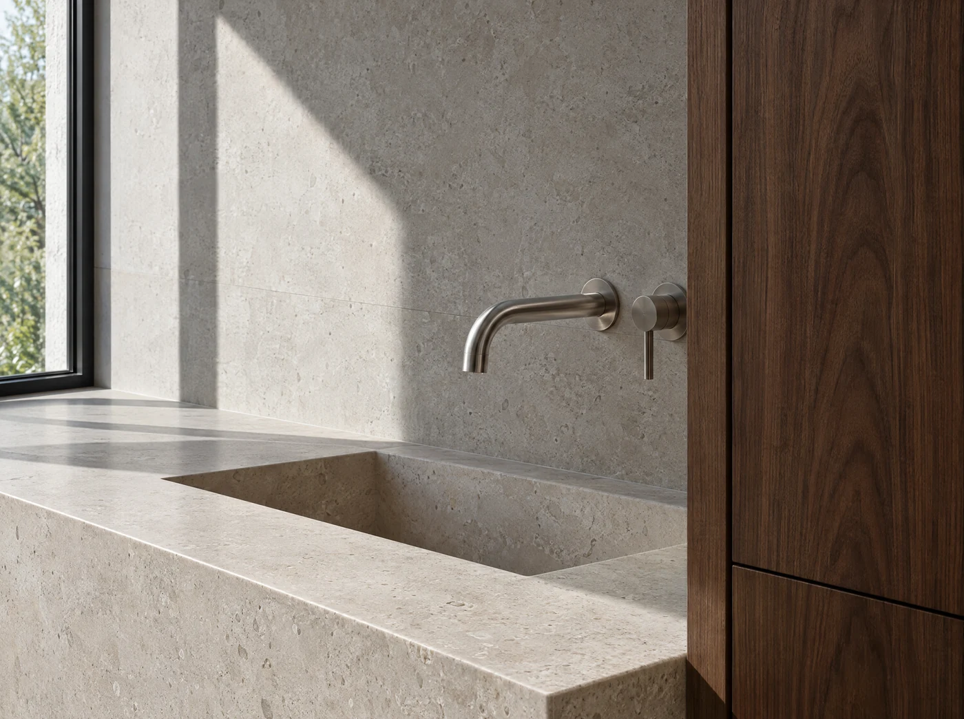 Brushed nickel tapware with limestone and walnut finishes