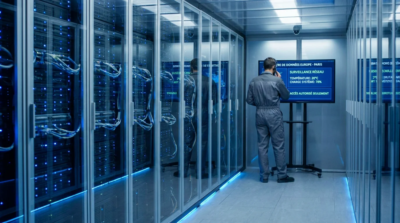 Data center moderne en France avec un technicien surveillant les serveurs