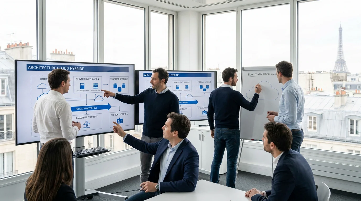 Équipe d'ingénieurs cloud collaborant sur une architecture d'infogérance