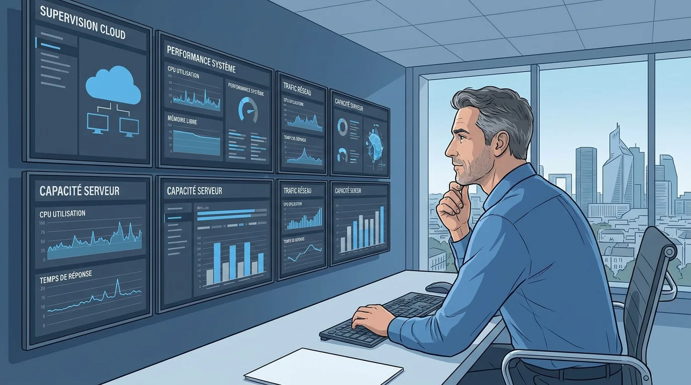 Centre de supervision d'infogérance cloud avec tableaux de bord de monitoring