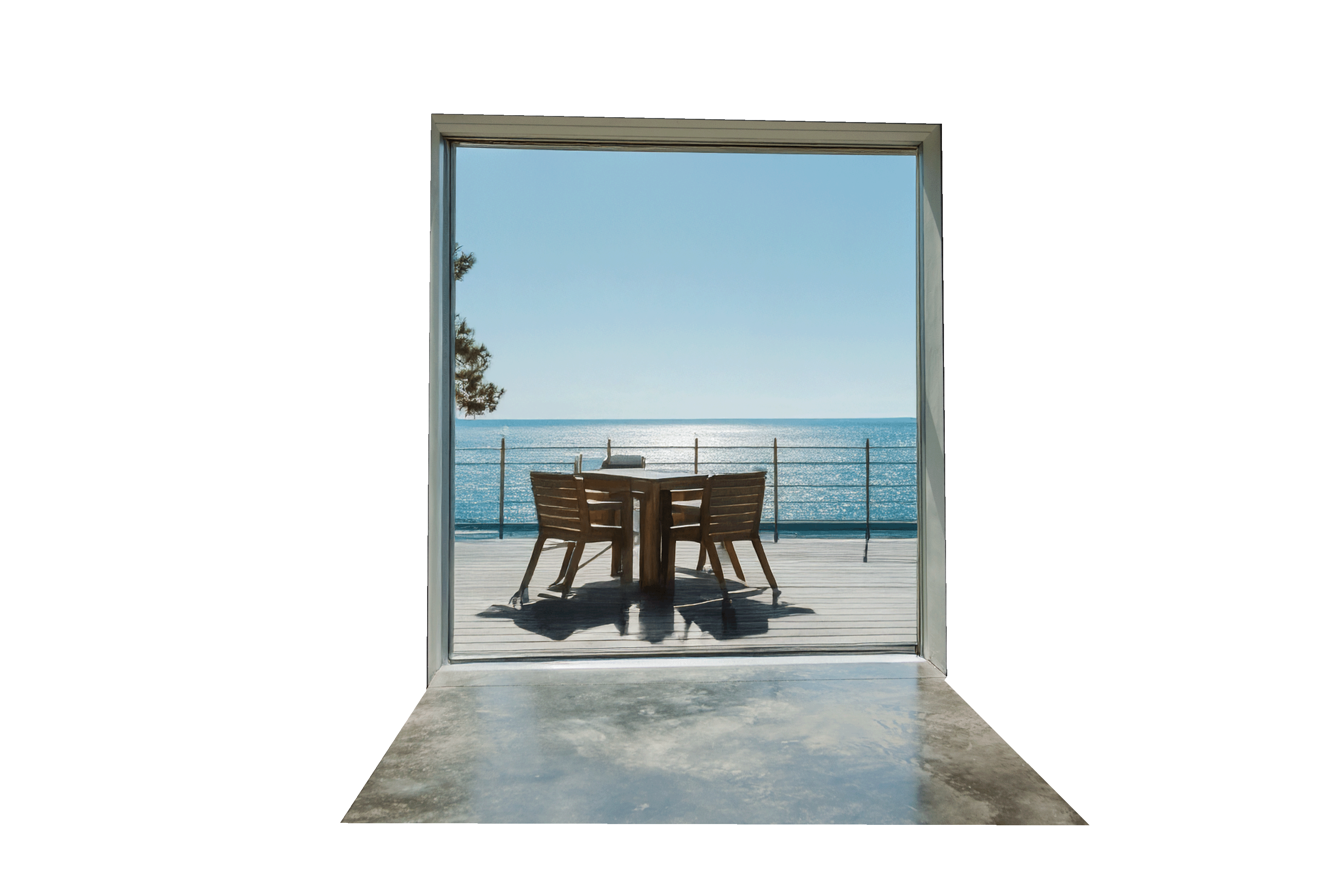 Fenêtre minimaliste fixe avec vue sur la mer