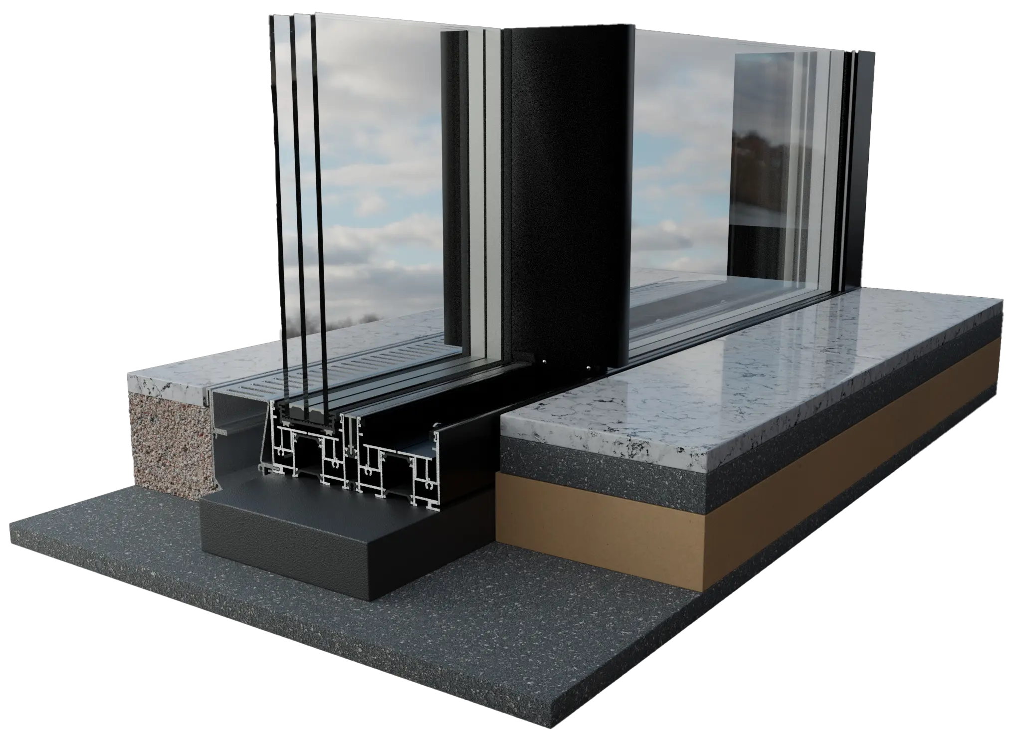 Triple vitrage pour menuiserie minimaliste (vue en coupe)