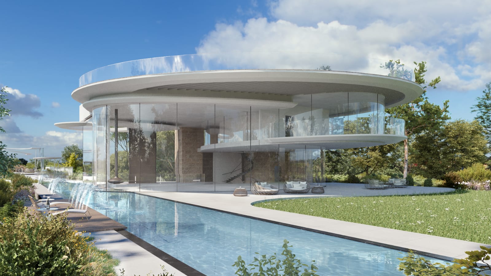 Rendu 3D de la villa Ellipse : dalles blanches au-dessus d’une paroi de verre courbe sur chambre