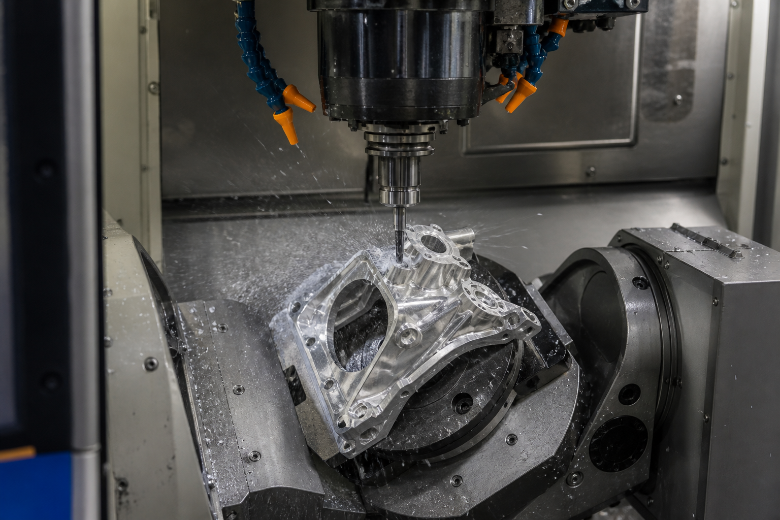 Centro de maquinado CNC de cinco ejes fabricando una pieza de aluminio
