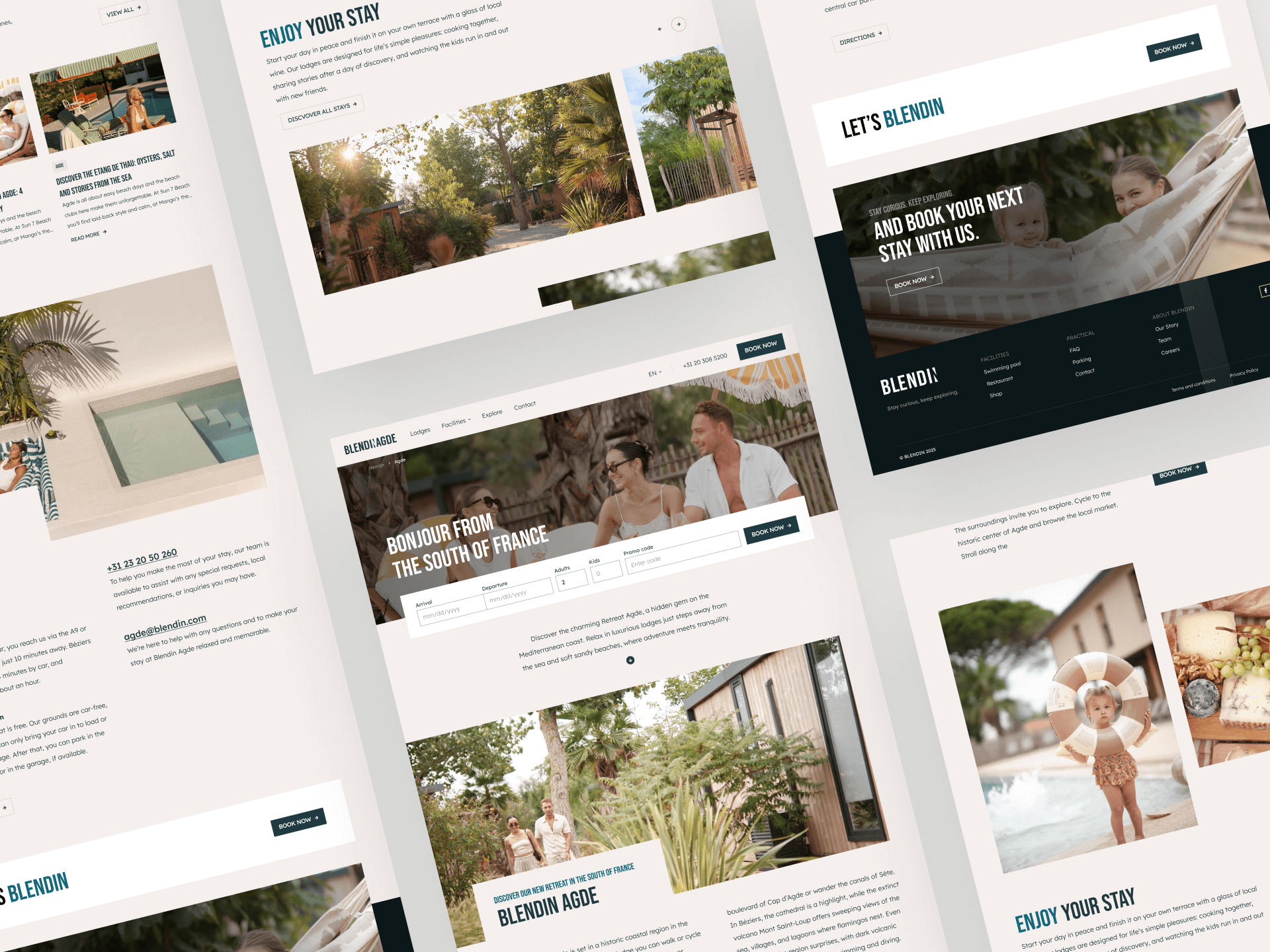 Collage of the Blendin Agde website design, showcasing multiple page sections including the hero with booking form, retreat photography, accommodation highlights, guest experiences, and sunny lifestyle imagery from the Mediterranean resort.