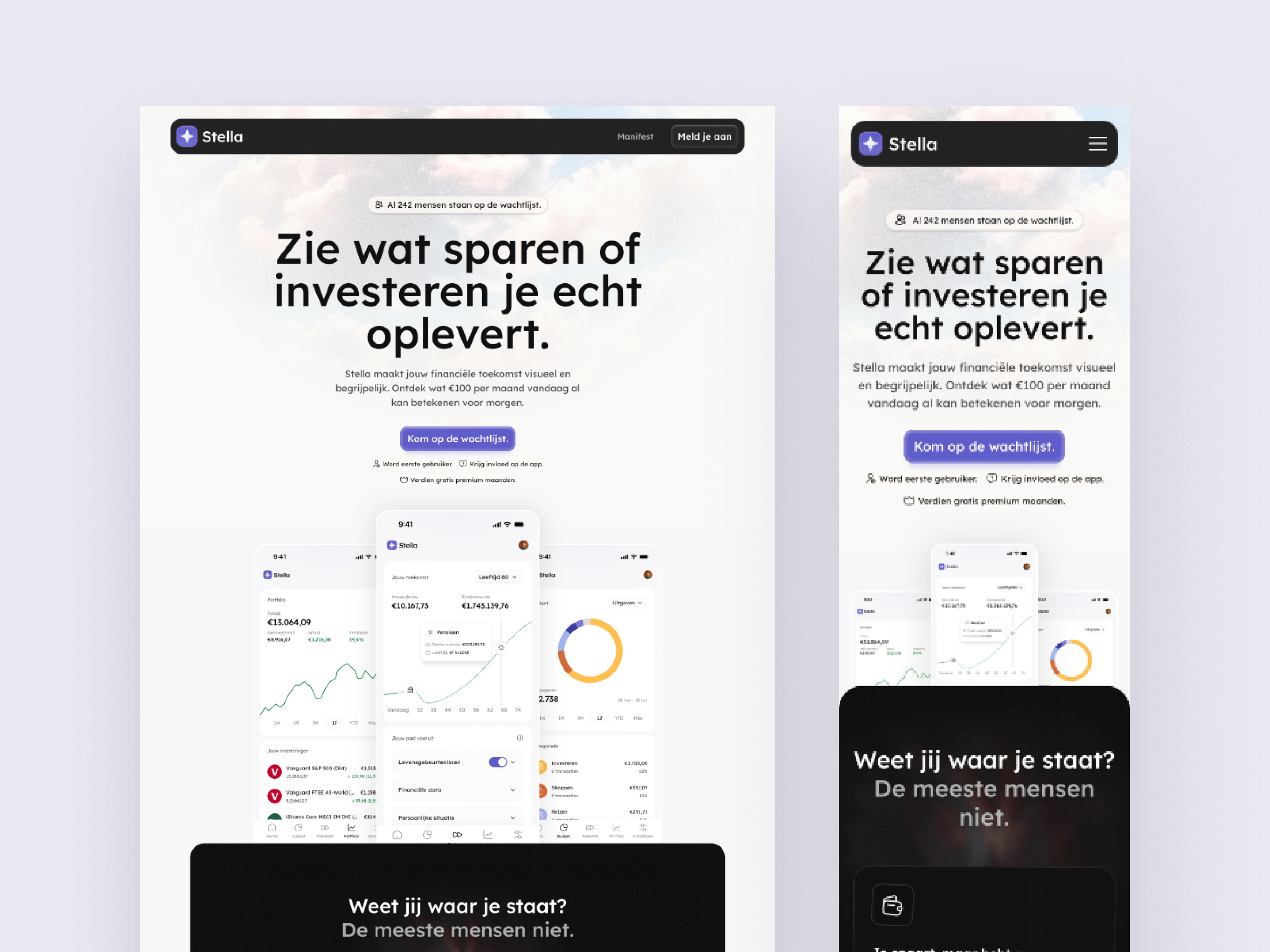 Side-by-side comparison of the Stella homepage design in desktop and mobile views, featuring a large hero headline, a waitlist call-to-action, and preview screens of the financial app showing charts and insights.