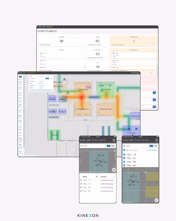 A collage of the KINEXON RTLS Mesh product  line