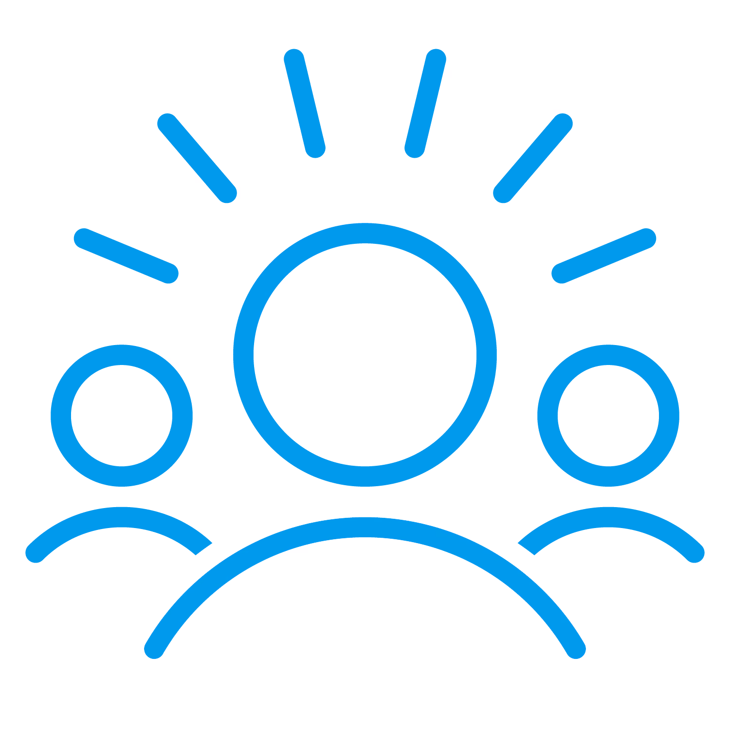 Icon showing three blue outline figures with rays above the central figure representing community or leadership.