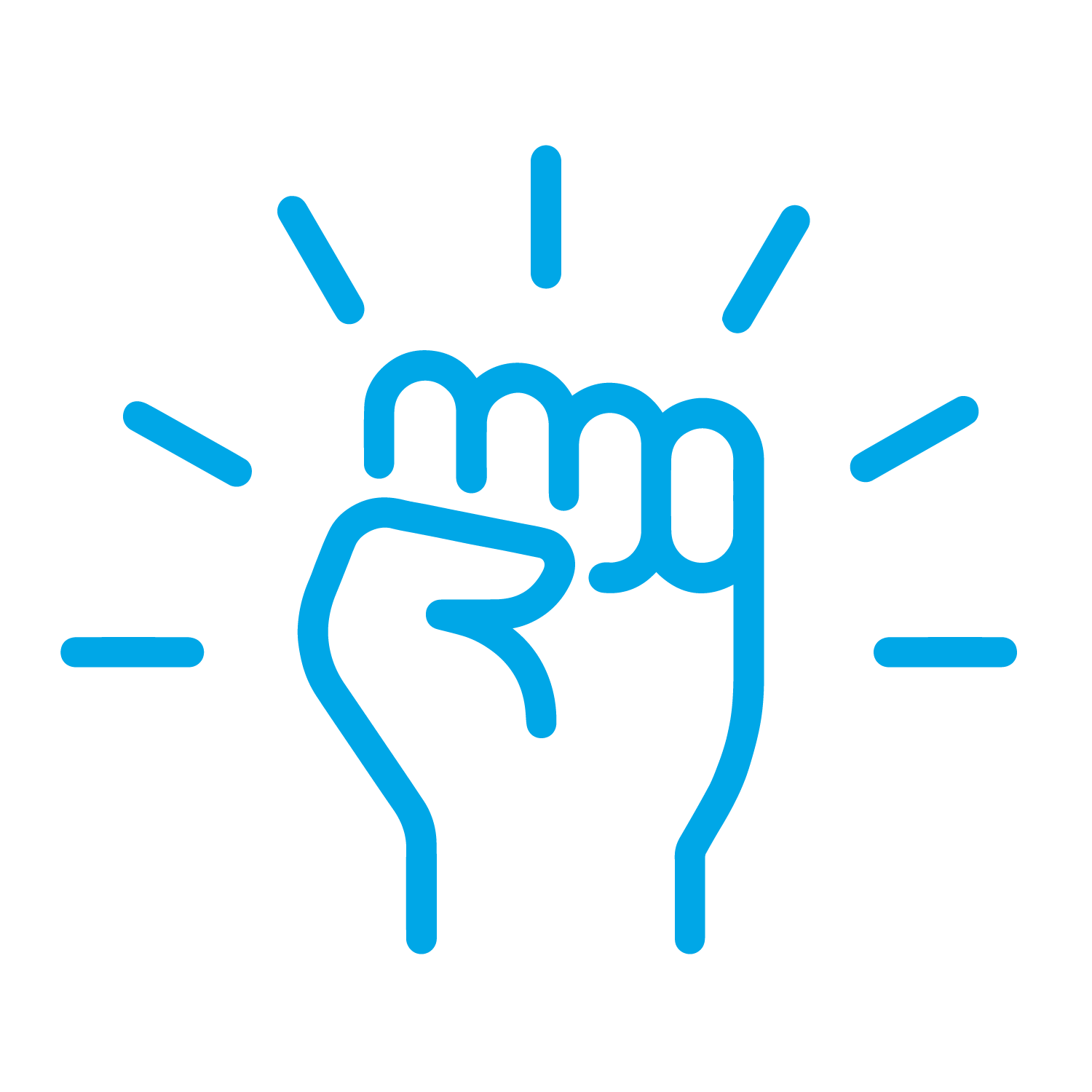 Blue icon of a raised fist with lines radiating outward representing empowerment.