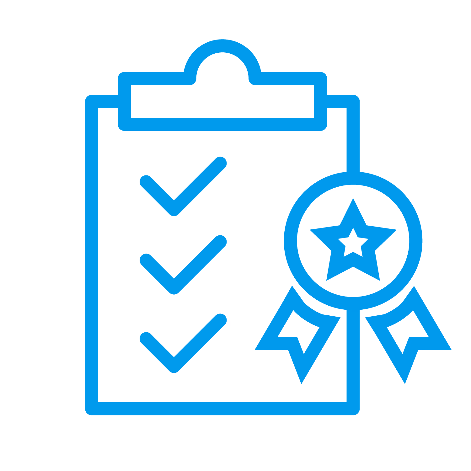 Checklist clipboard with three checkmarks and an award ribbon with a star.