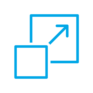 Icon showing a small square expanding into a larger square with an arrow indicating scalability.