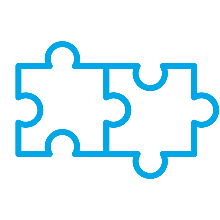 Two connected blue puzzle pieces outlined on a white background.