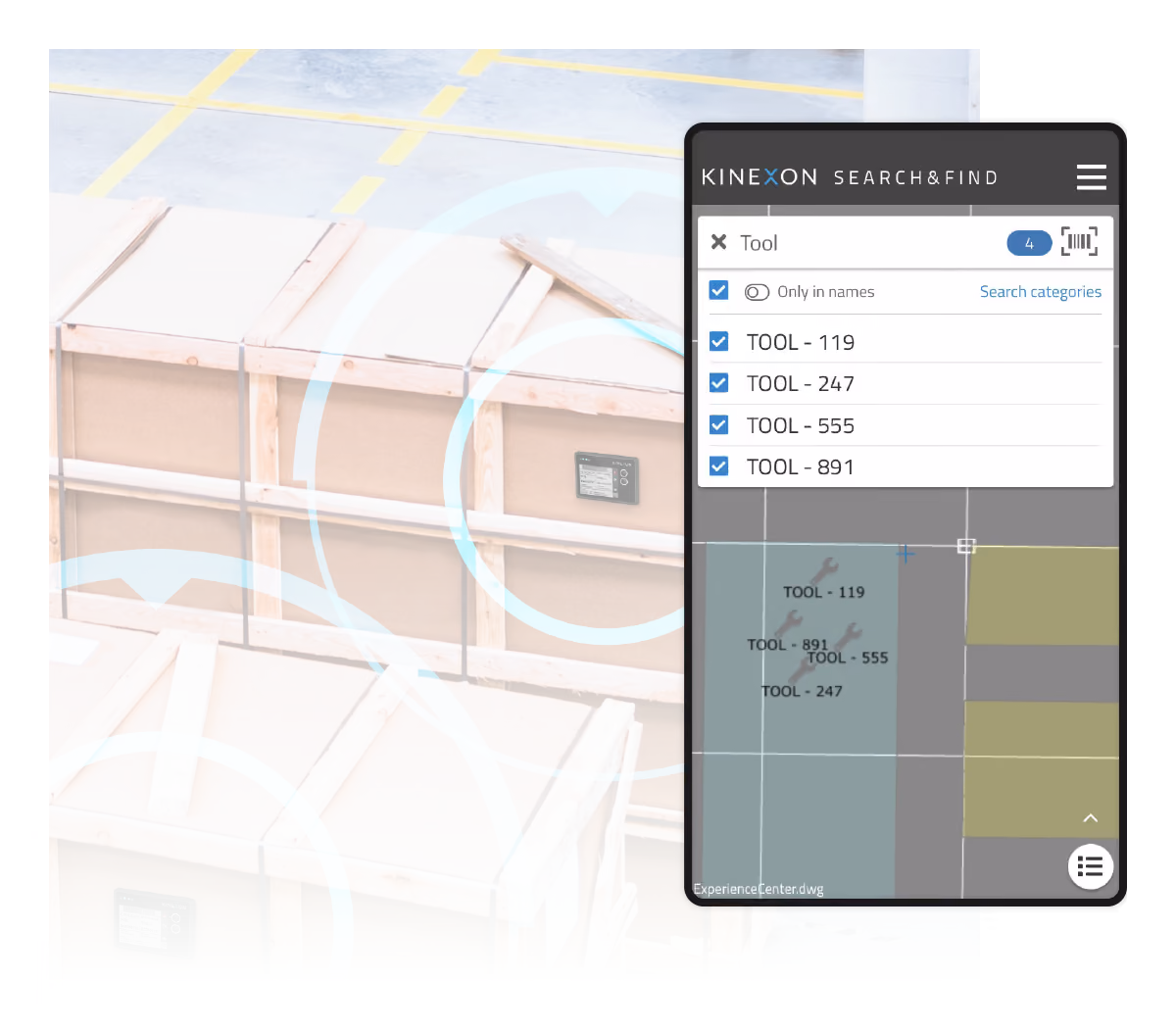 KINEXON industrial asset tracking solution locating tools and equipment in real time through an interactive industrial search and find interface.