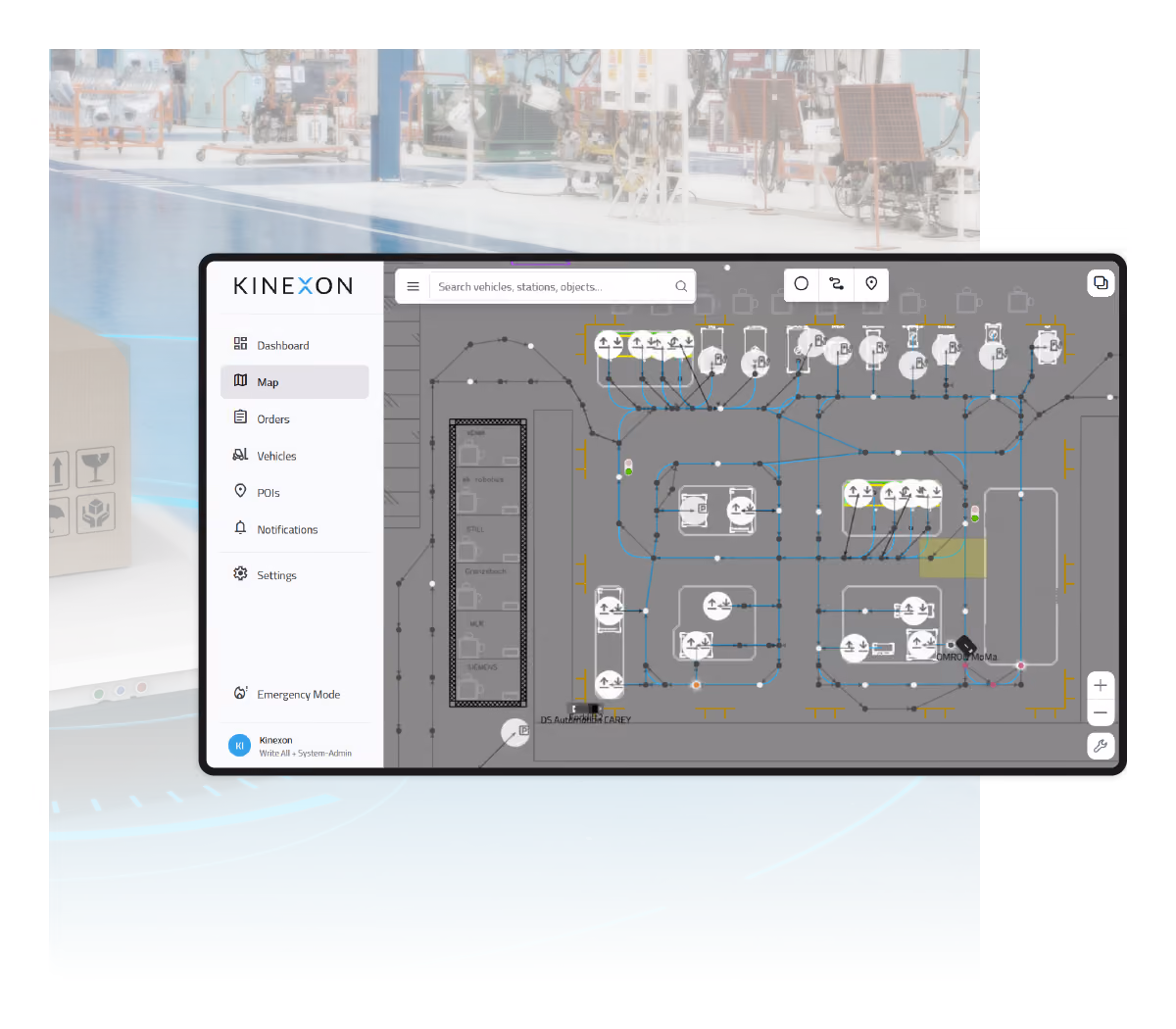 KINEXON software monitoring and orchestrating autonomous mobile robot fleets and material flows within a manufacturing facility.
