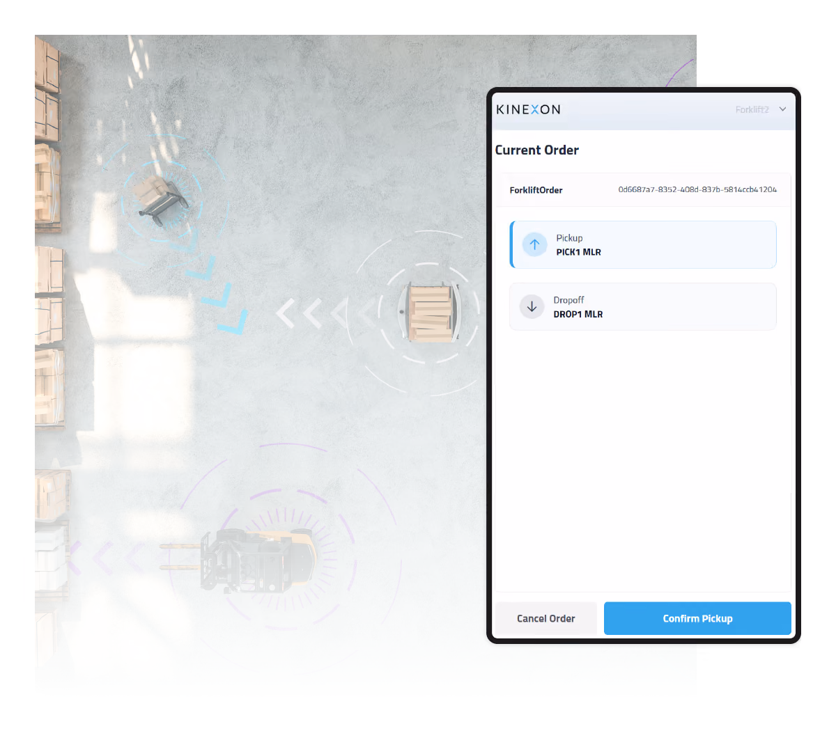 KINEXON Fleet Manager software coordinating forklift fleet execution and automated material transport in a warehouse with real-time pickup and dropoff instructions.