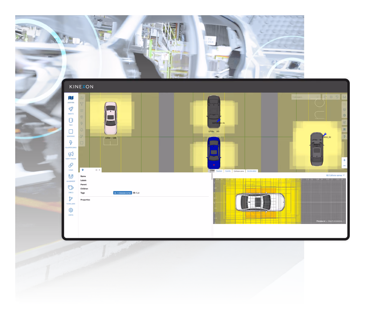 KINEXON digital twin displaying real-time vehicle positioning and assembly line monitoring within an automotive production environment.