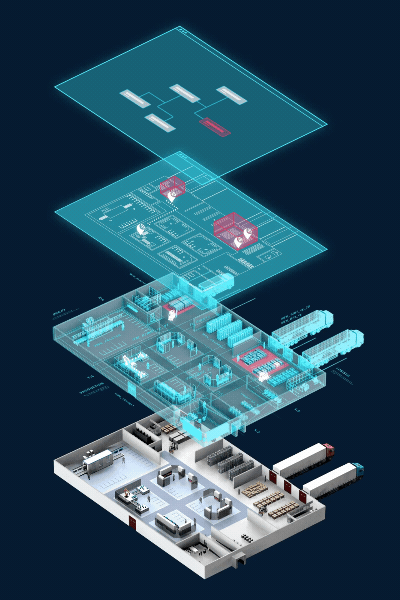 Exploded 3D diagram of a warehouse with multiple transparent layers showing layout and storage areas.