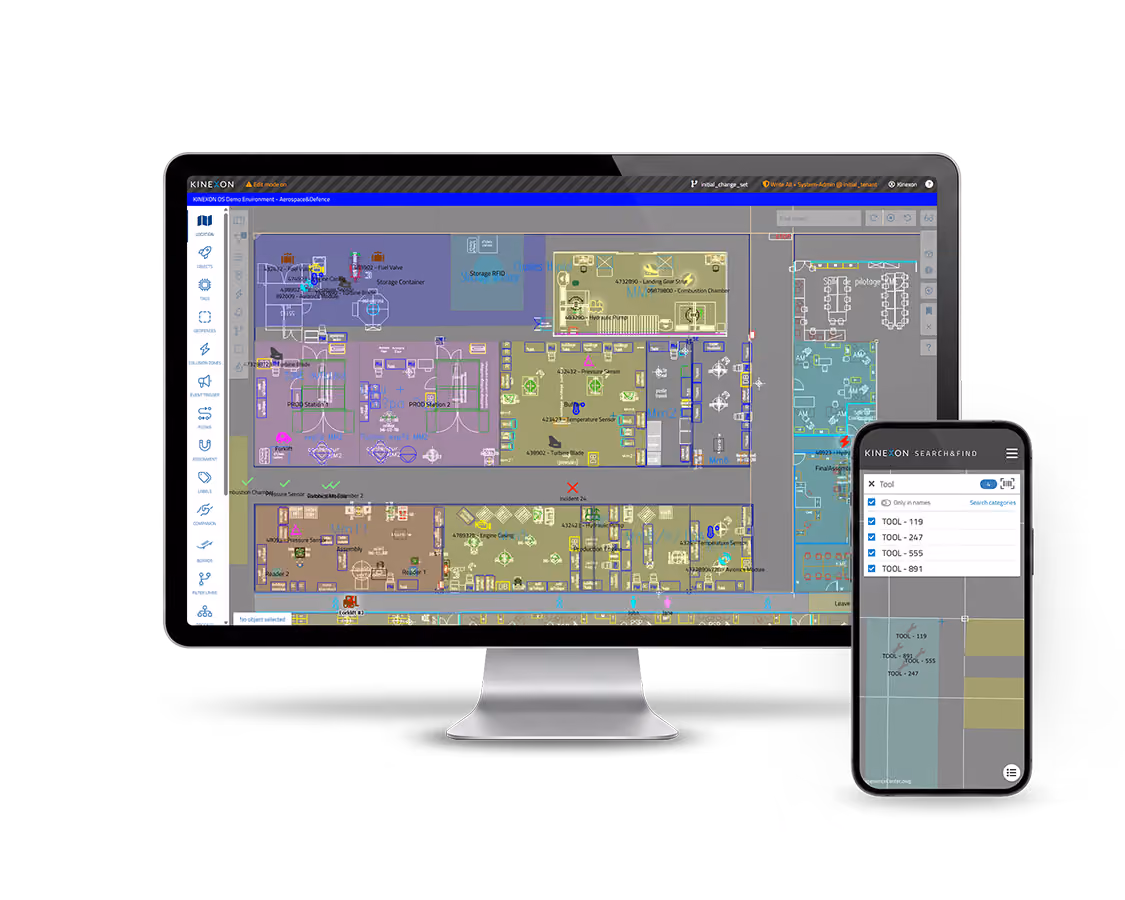 Computer and phone screens showing a digital floor plan and a tool search interface in an industrial setting.