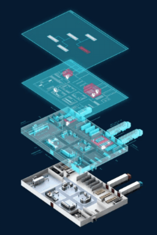 KINEXON digital twin visualizing real-time factory operations through layered facility, asset, and location data within a manufacturing environment.